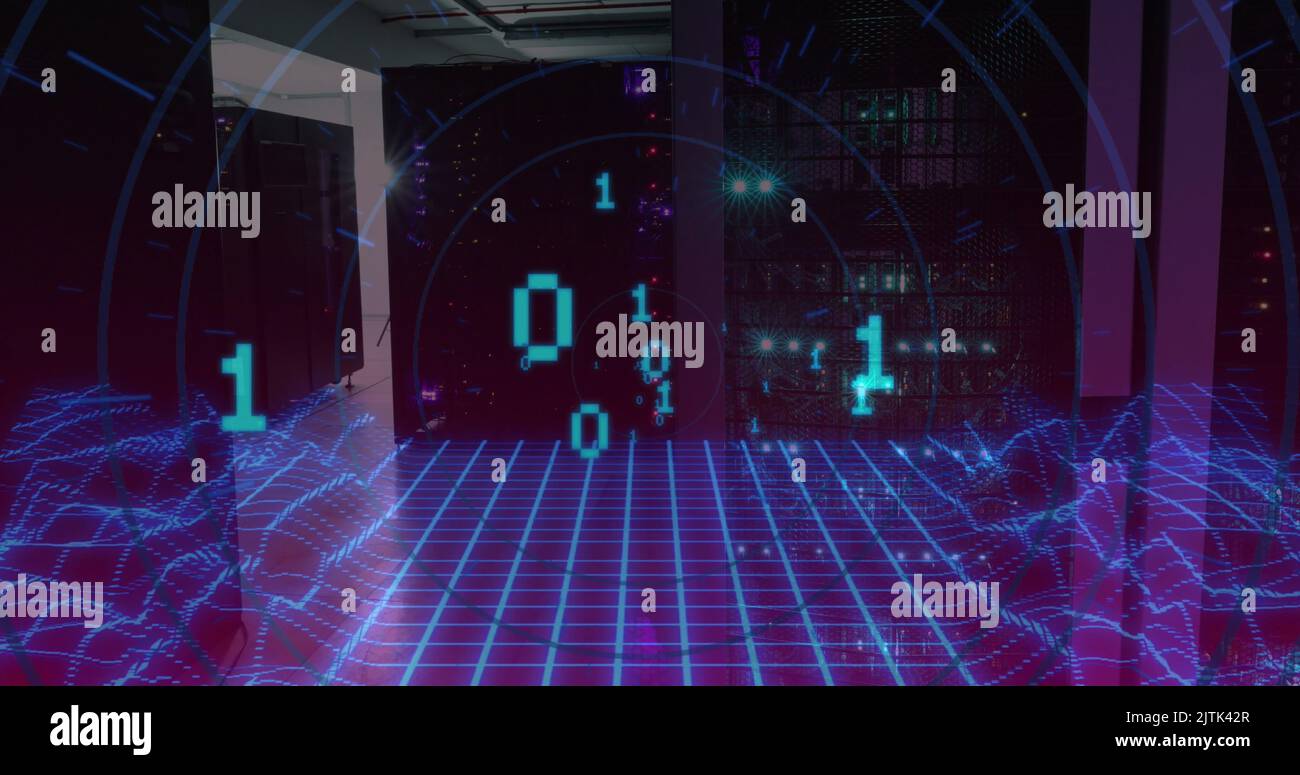 Image of binary code over digital space and servers Stock Photo