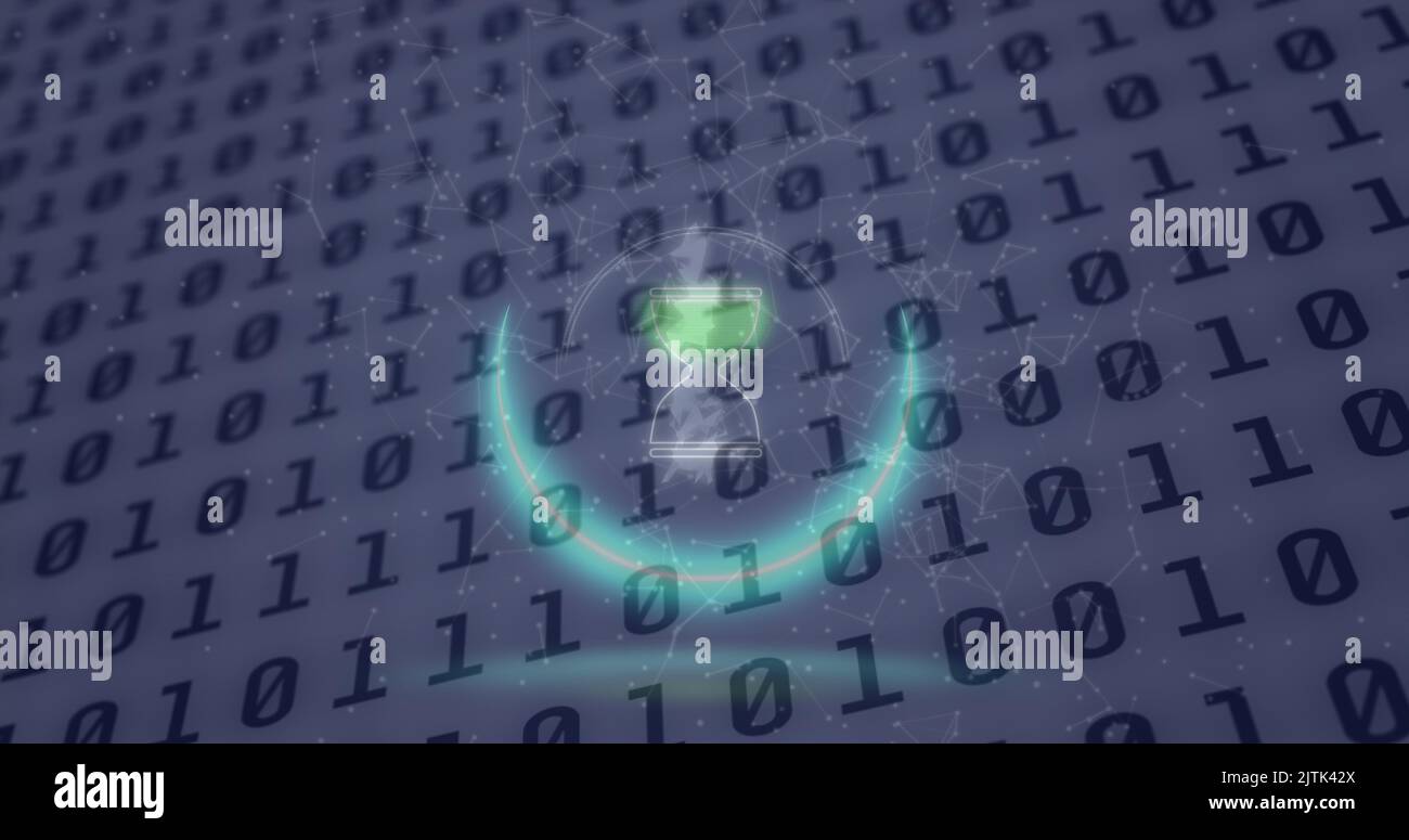 Image of neon circle with hourglass over binary code on digital screen Stock Photo