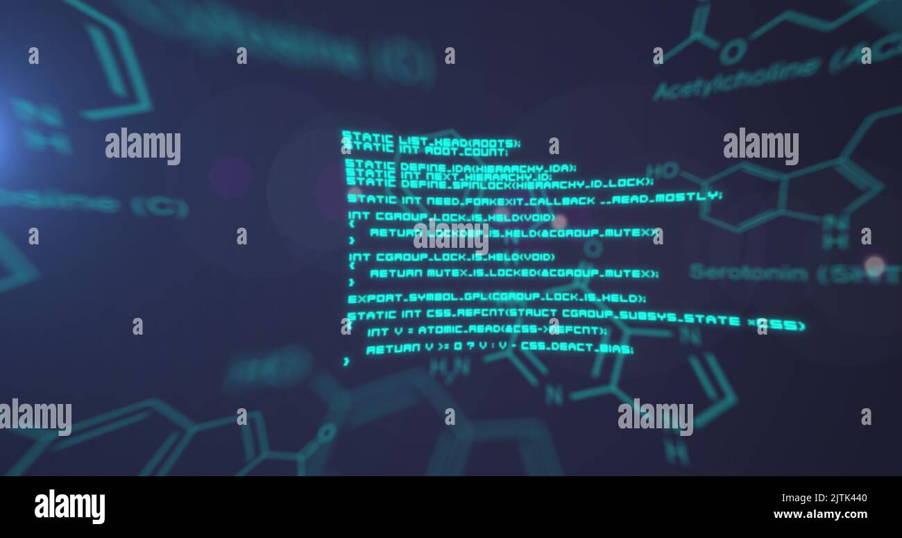 Image of chemical structures and data processing against blue background Stock Photo