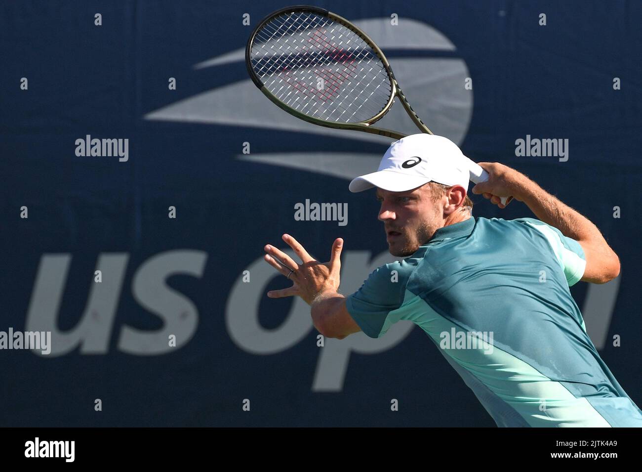 New York, USA. 30th Aug, 2022. David Goffin of Belgium in action against Lorenzo Musetti of Italy during day two of the US Open at the USTA Billie Jean King National Tennis Center, New York. Picture date: Tuesday August 30, 2022. (Photo by Anthony Behar/Sipa USA) Credit: Sipa USA/Alamy Live News Stock Photo