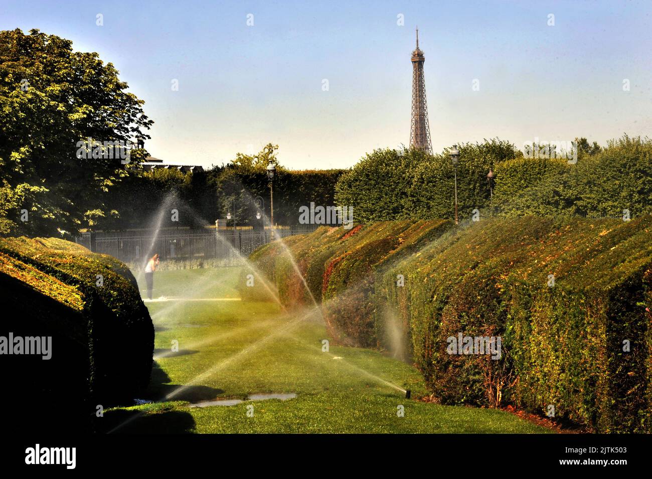 FRANCE. PARIS (75) 1 ST DISTRICT. THE 10 AUGUST 2022 AT THE TUILERIES GARDEN. DESPITE THE HEAT WAVE AND THE LACK OF WATER , THE WATERING OF THE LAWNS Stock Photo
