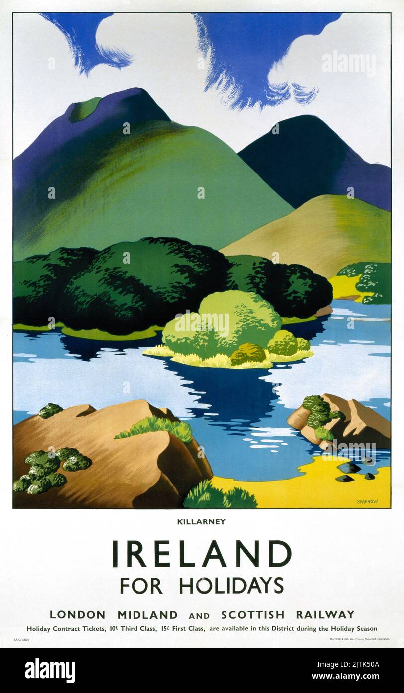 Ireland for Holidays, Killarney by Clodagh Sparrow (1905-1957). Poster published in 1939. Stock Photo