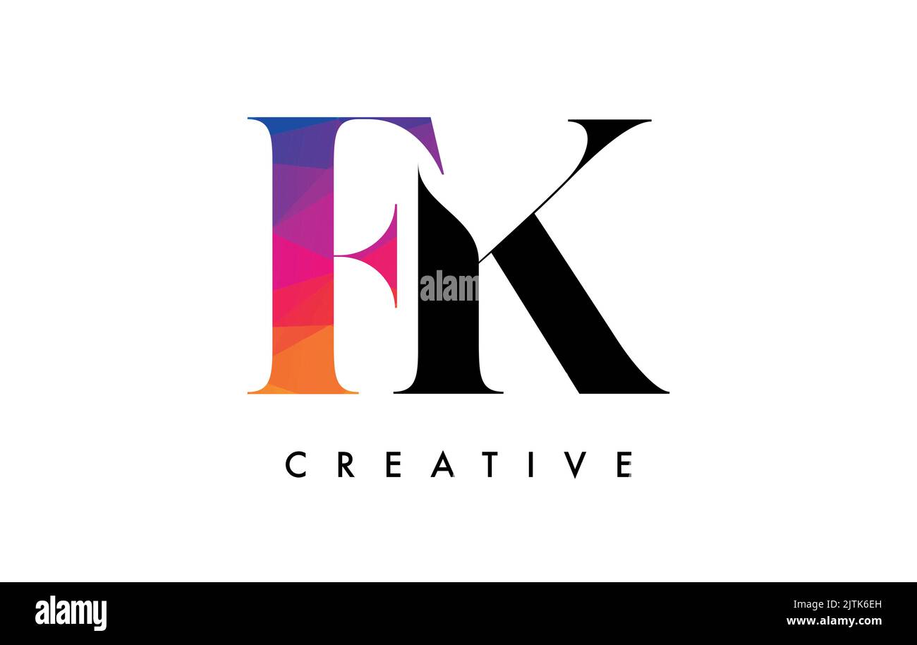 FK Letter Design with Creative Cut and Colorful Rainbow Texture. FK Letter Icon Vector Logo with Serif Font and Minimalist Style. Stock Vector