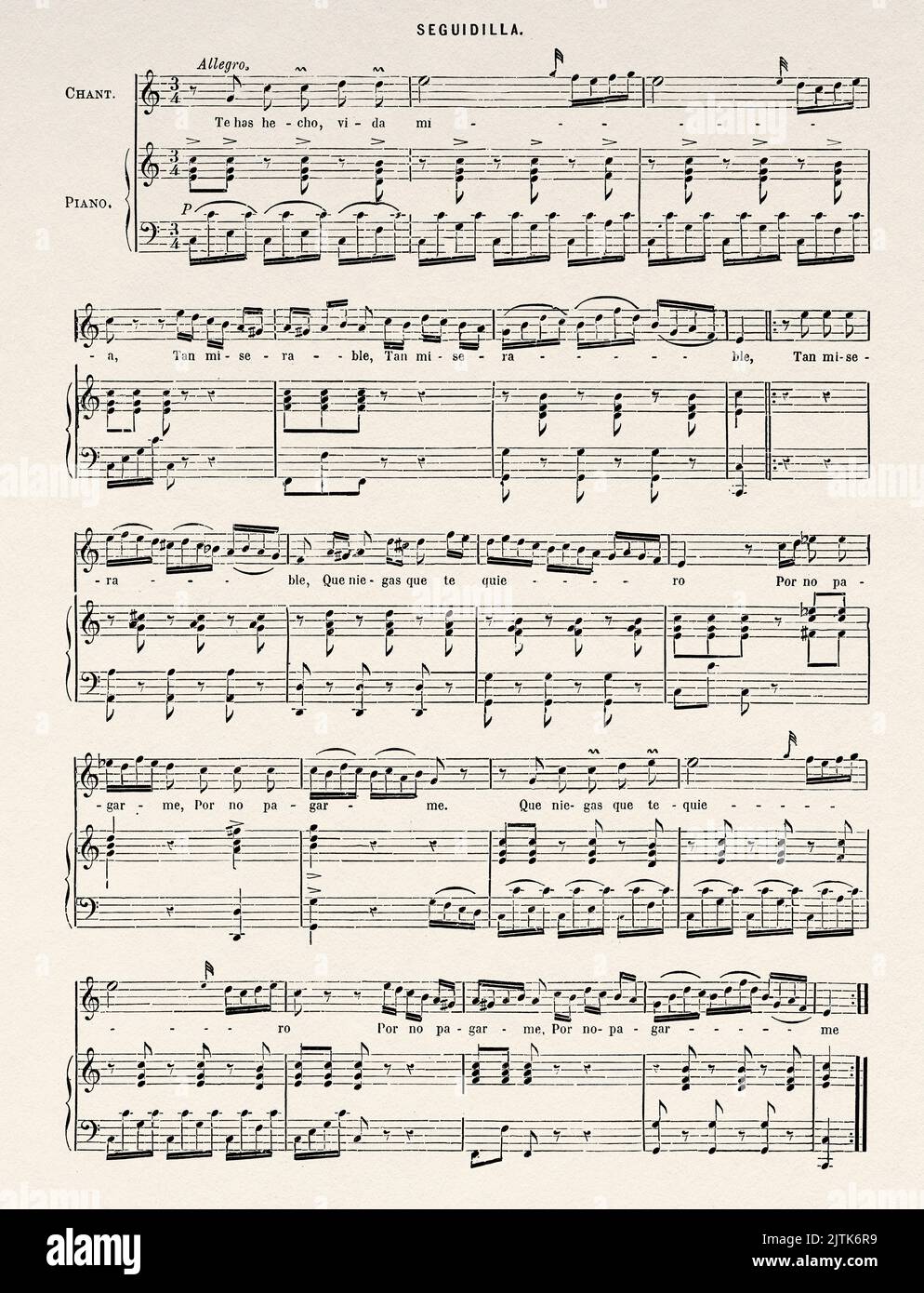 Handwritten Seguidilla Sheet music, Spain. Europe. Travels in Spain by