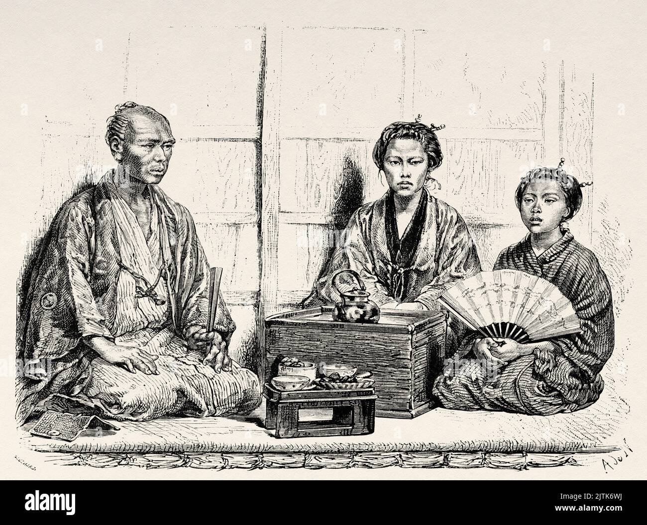 Craftsmen class family having tea, Tokyo. Japan, Asia. Journey to Japan by Aime Humbert 1863-1864 from Le Tour du Monde 1867 Stock Photo