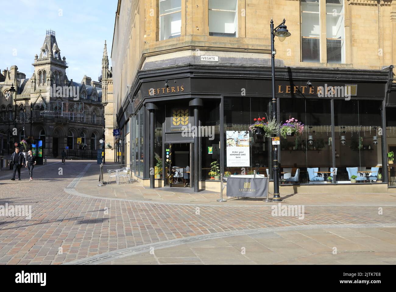 Lefteris Coffee and Tea Room on Ivegate in the historical streets of the City of Bradford, in West Yorkshire, UK Stock Photo