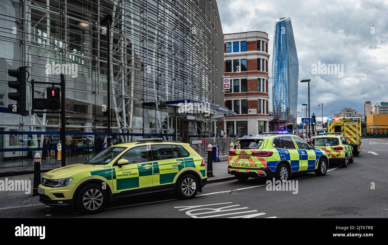 Several emergency services vehicles outside Blackfriars Station in London. Stock Photo