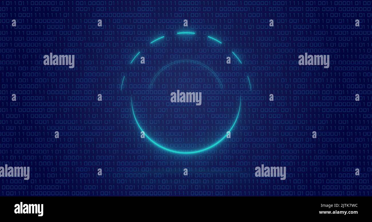 Image of neon circle over digital screen with binary code Stock Photo