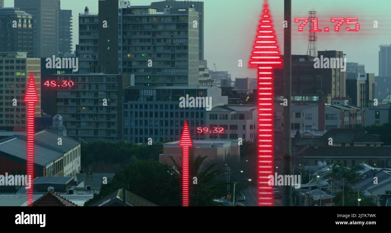 Image of financial data processing with arrows over cityscape Stock Photo