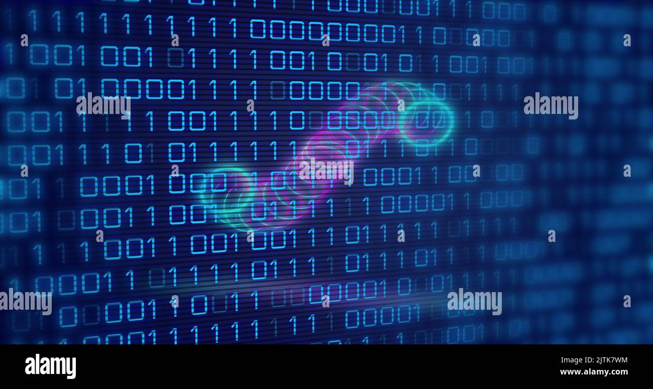 Image of circles over binary code on navy background Stock Photo - Alamy