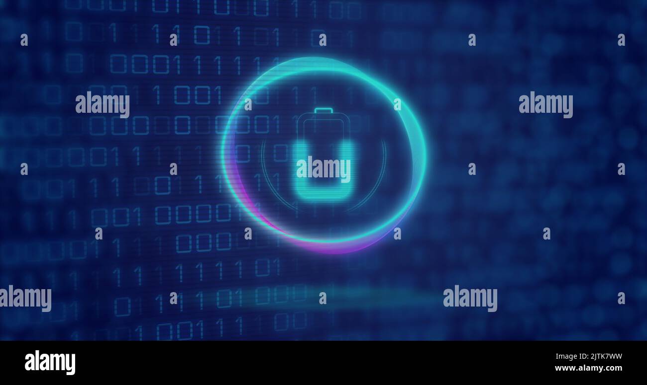 Image of neon circle with battery over digital screen with binary code Stock Photo