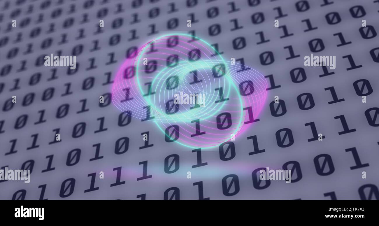 Image of neon circles over digital screen with binary code Stock Photo