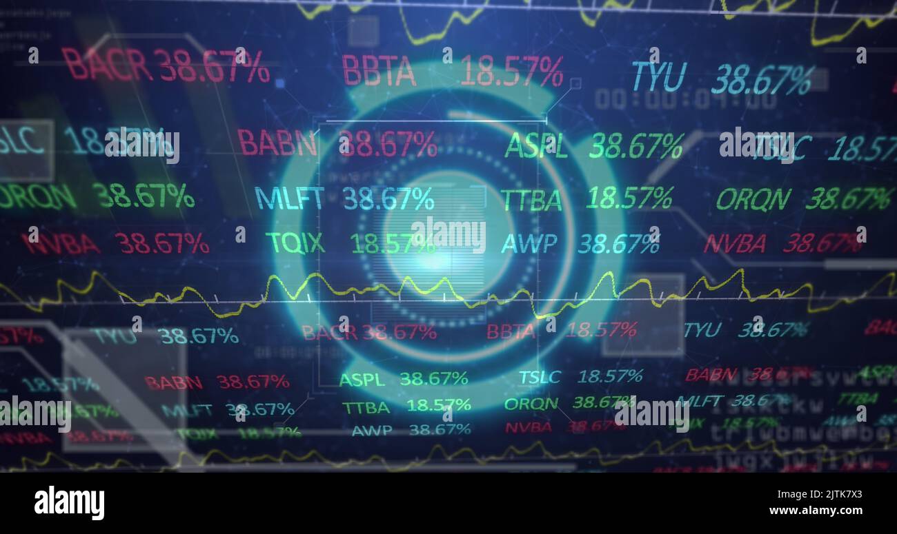 Image of scope scanning with qr code over stock market on black