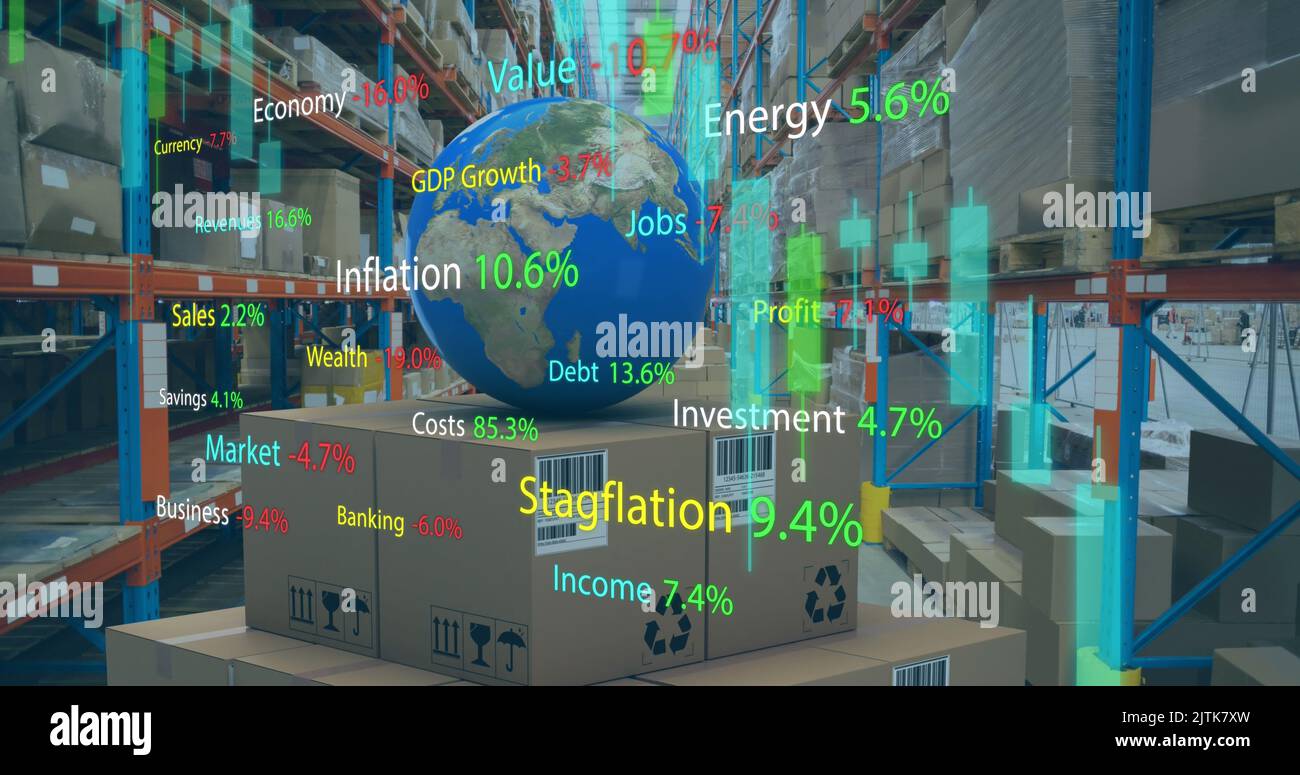 Image of financial data processing with graph over warehouse Stock Photo