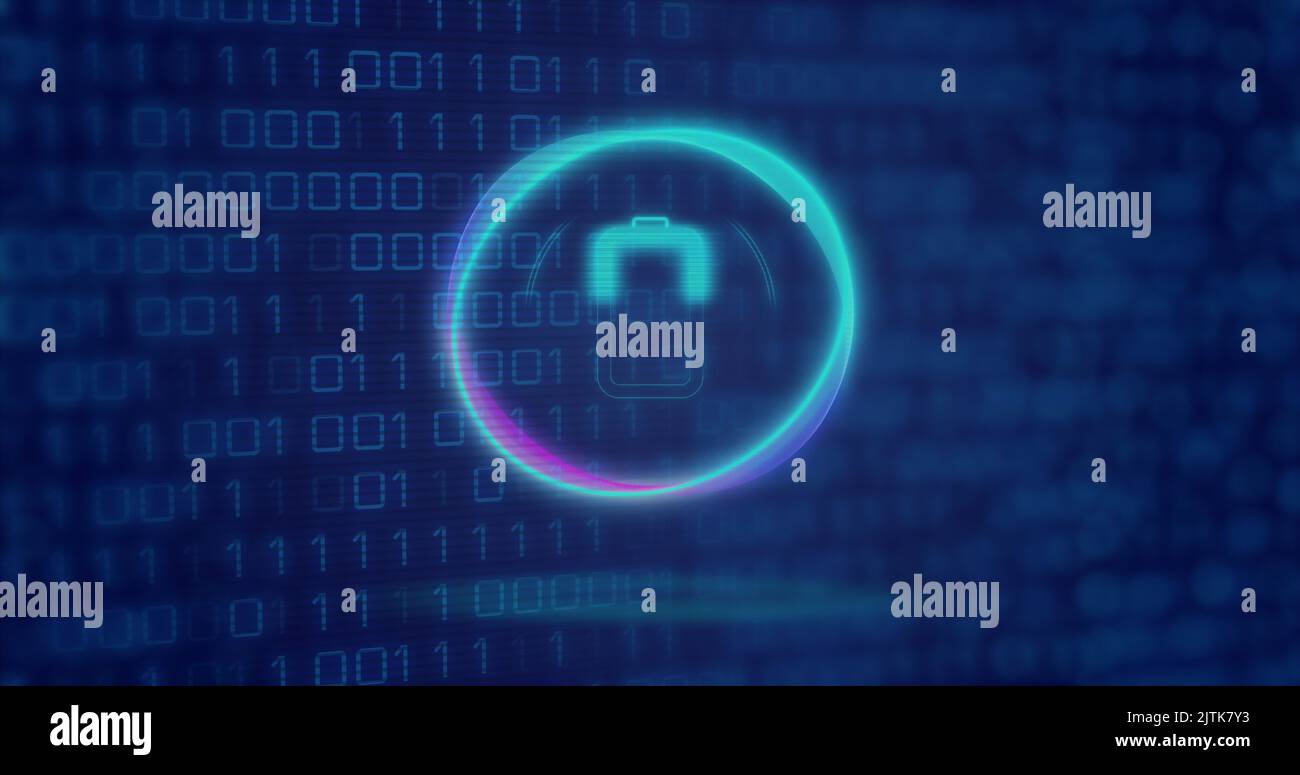 Image of neon circle with battery over digital screen with binary code Stock Photo
