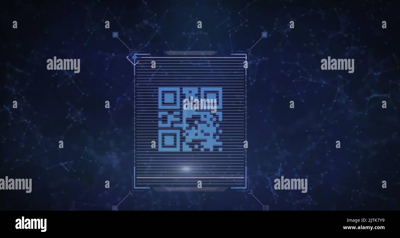 Image of qr code over network of connections on black background Stock Photo