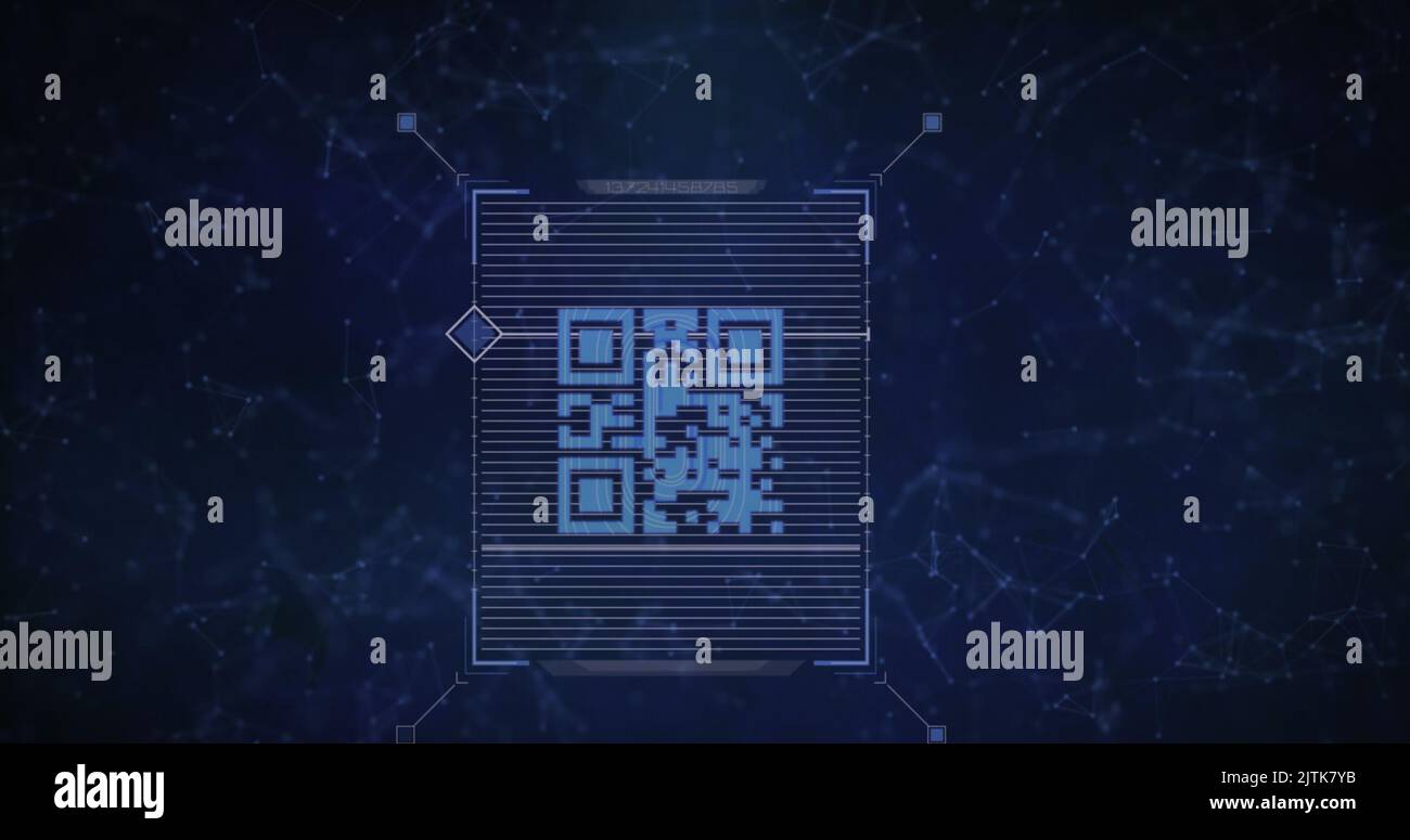 Image of qr code over network of connections on black background Stock Photo