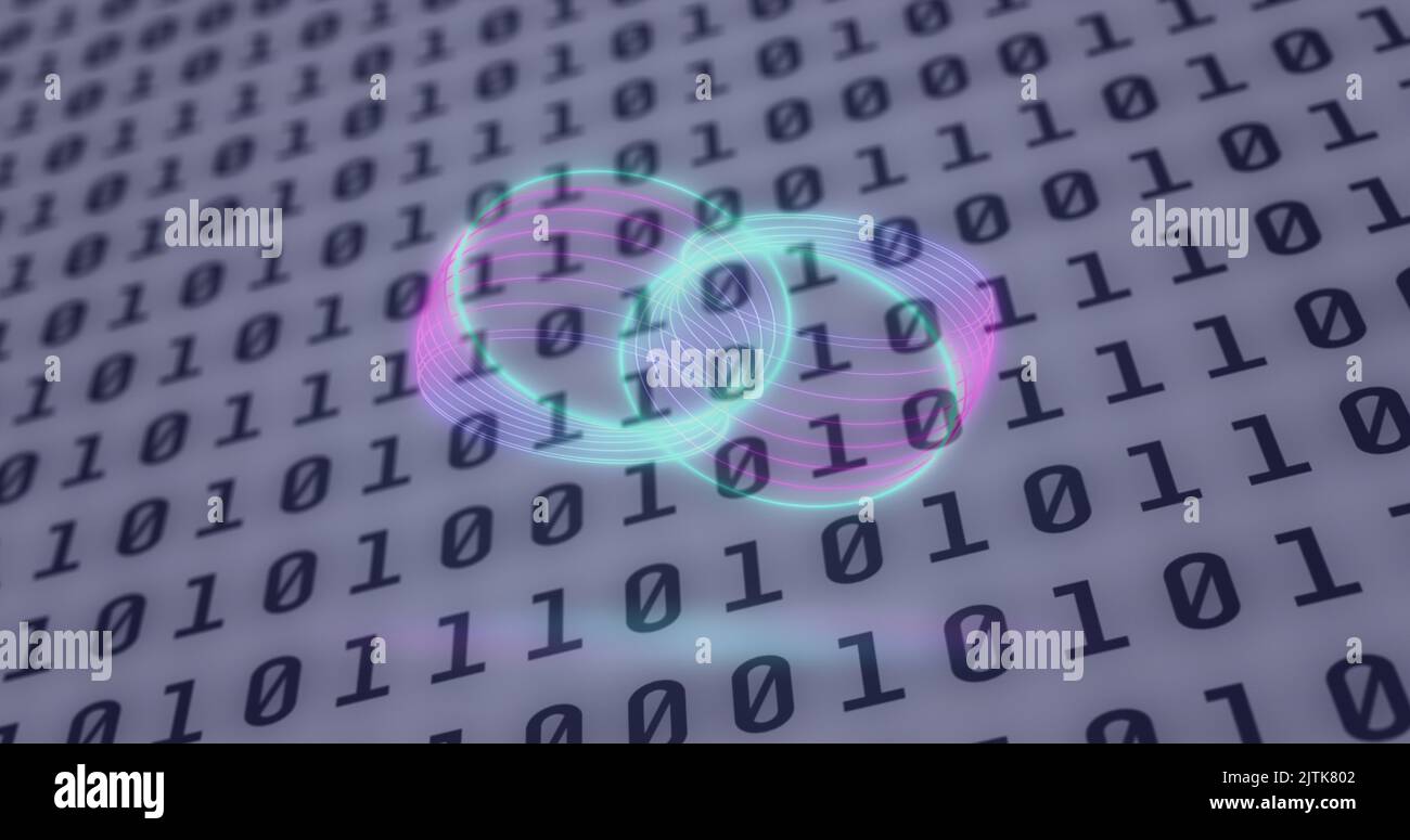 Image of neon circles over digital screen with binary code Stock Photo