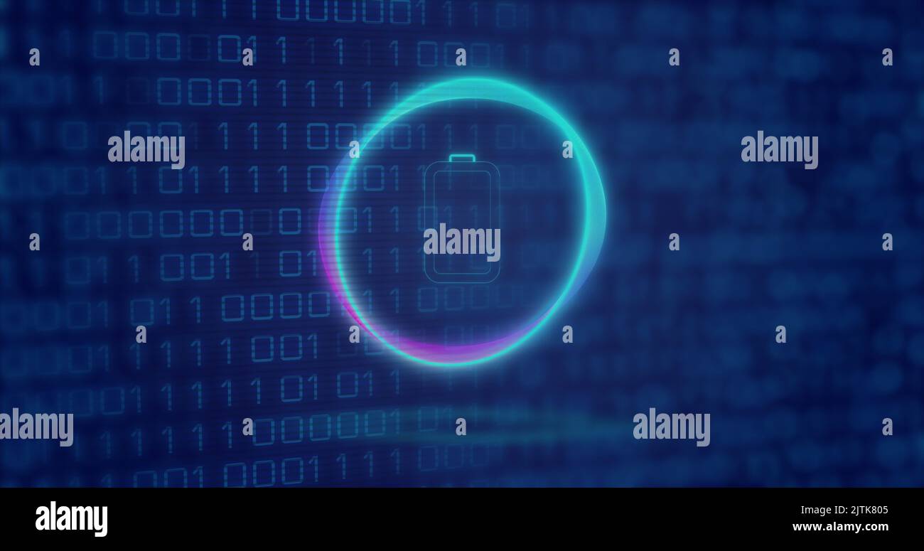 Image of neon circle with battery over digital screen with binary code Stock Photo