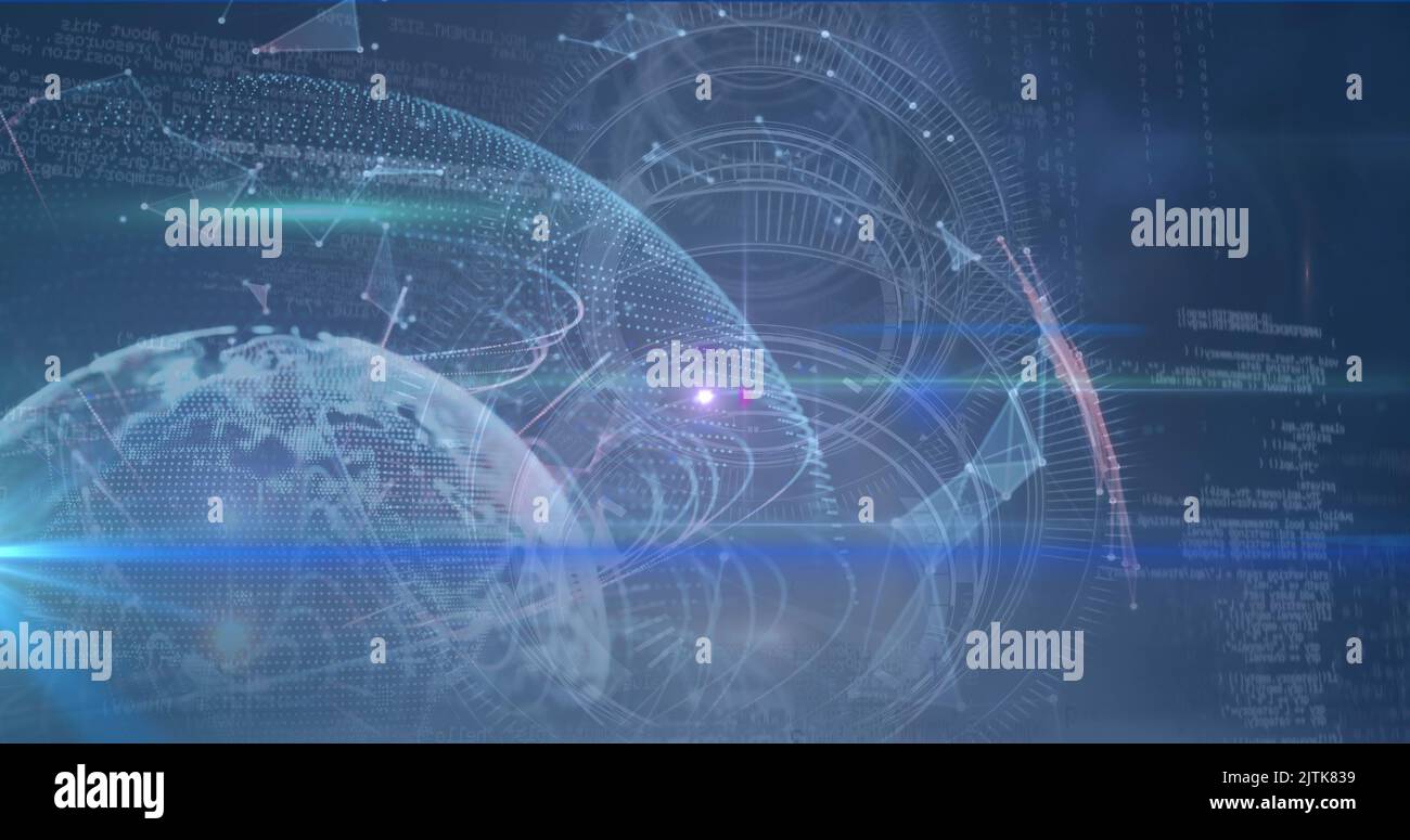 Image of light spots over globe and data processing Stock Photo