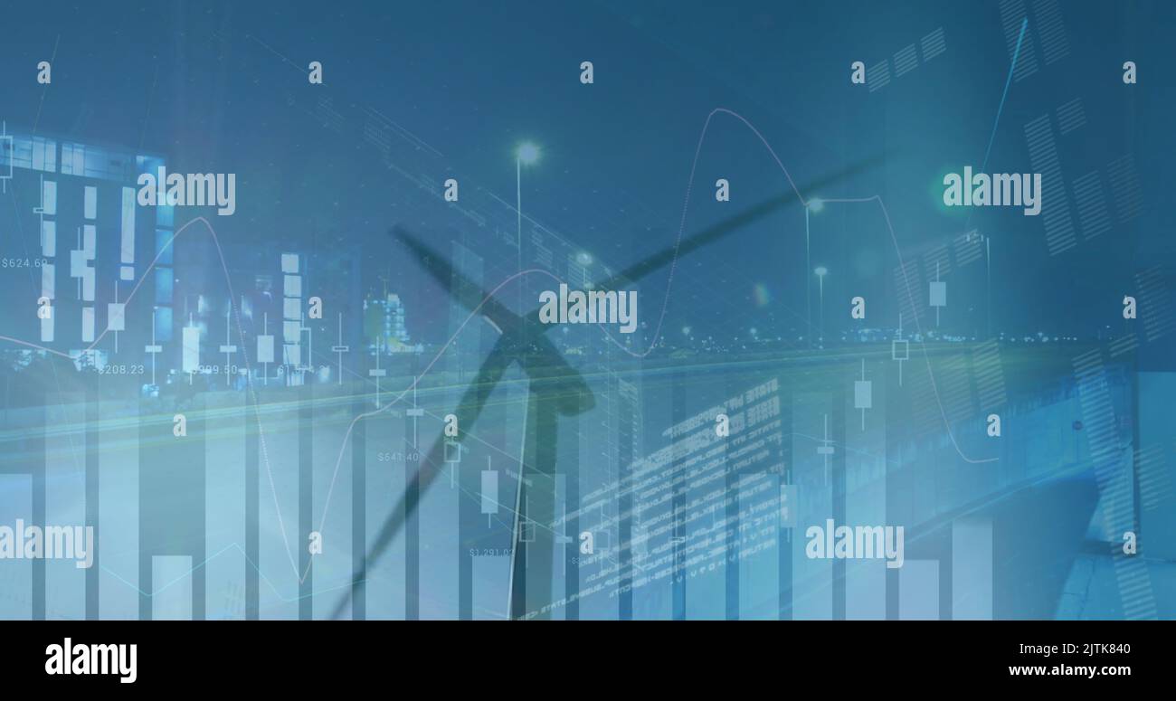 Image of statistics and data processing over digital screens Stock Photo