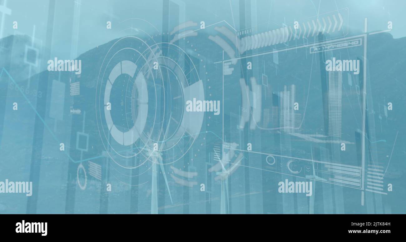 Image of round scanner and data processing over spinning windmills on grassland Stock Photo