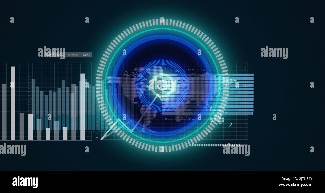 Image of neon round scanner over statistical data processing against blue background Stock Photo