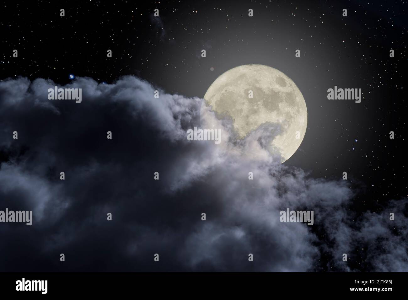 Beautiful cloudy full moon night sky with stars Stock Photo - Alamy