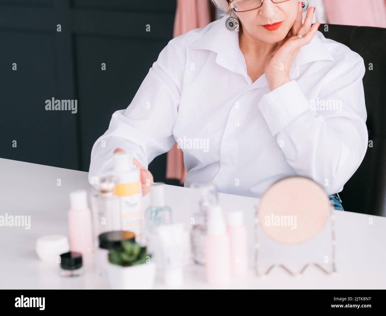senior blogger skin care products retailer woman Stock Photo