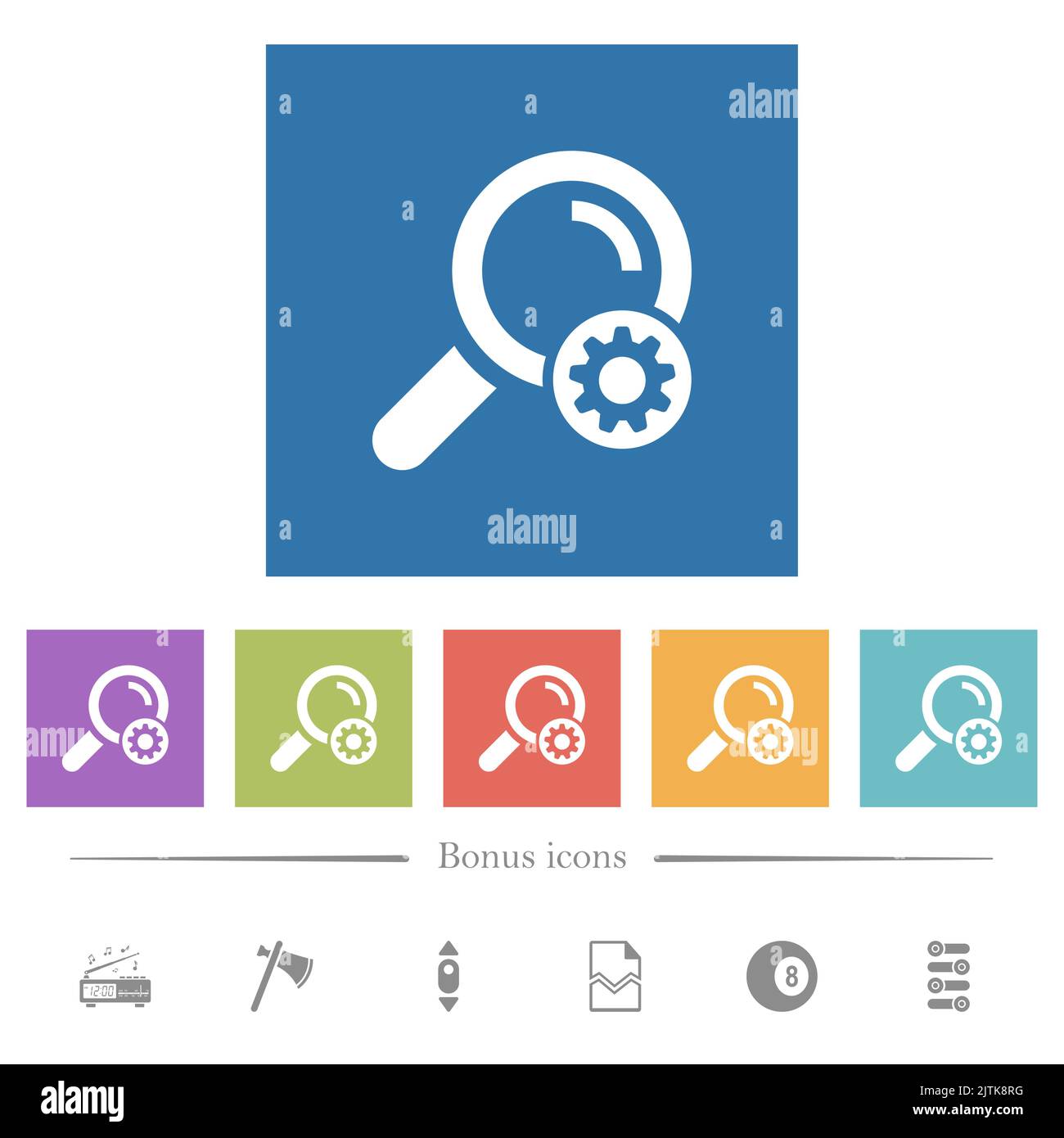 Search settings flat white icons in square backgrounds. 6 bonus icons ...
