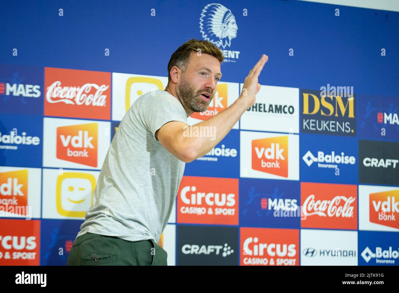 Gent's Laurent Depoitre pictured during the weekly press conference of Belgian soccer team KAA Gent, Wednesday 31 August 2022 in Gent, to discuss the next game in the national competition. BELGA PHOTO JAMES ARTHUR GEKIERE Stock Photo
