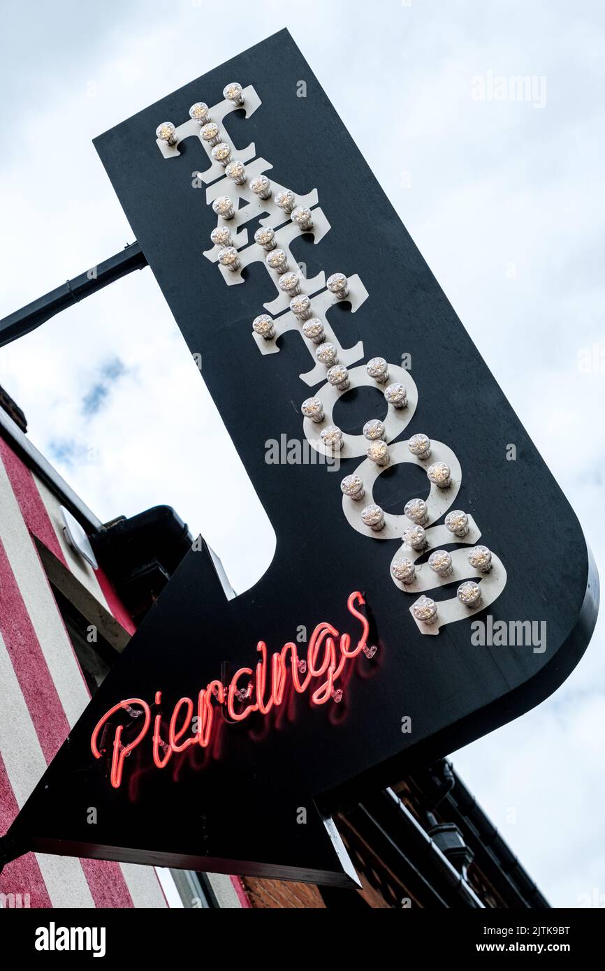 Kingston-Upon-Thames, London, UK, August 29 2022, Tatoo And Piercing Studio Shop Sign Stock Photo