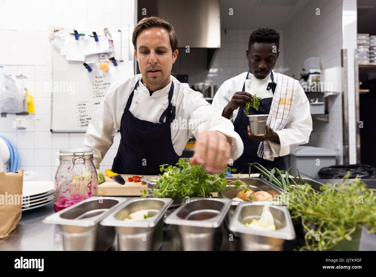 Multiracial male chefs preparing food in commercial kitchen Stock Photo ...