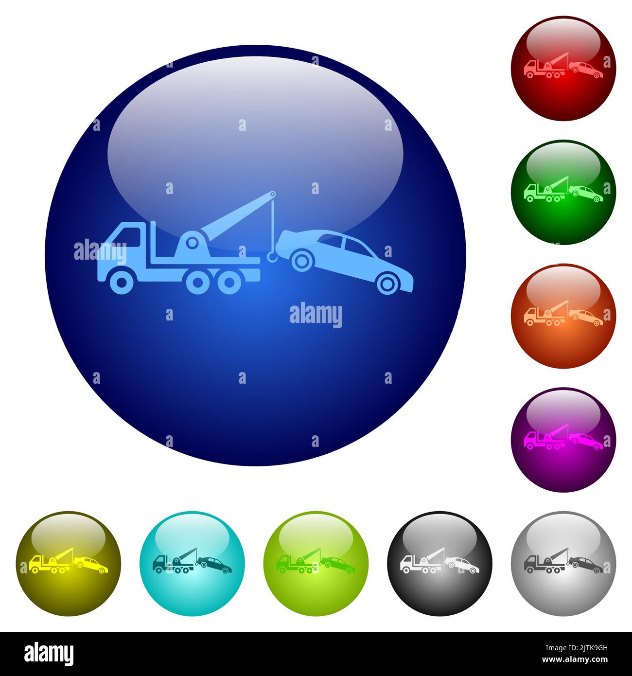 Car towing icons on round glass buttons in multiple colors. Arranged layer structure Stock Vector