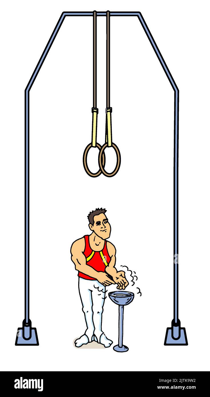 Series of art / illustrations, showing a male athlete carrying out one of the Olympic men's gymnastics events. Here he takes part in the still rings. Stock Photo
