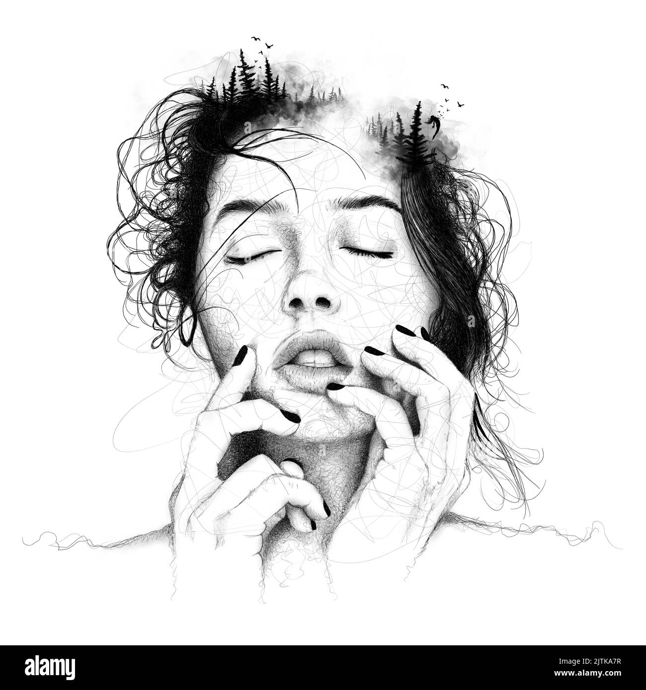 Black white melancholic girl, digital drawing Stock Photo
