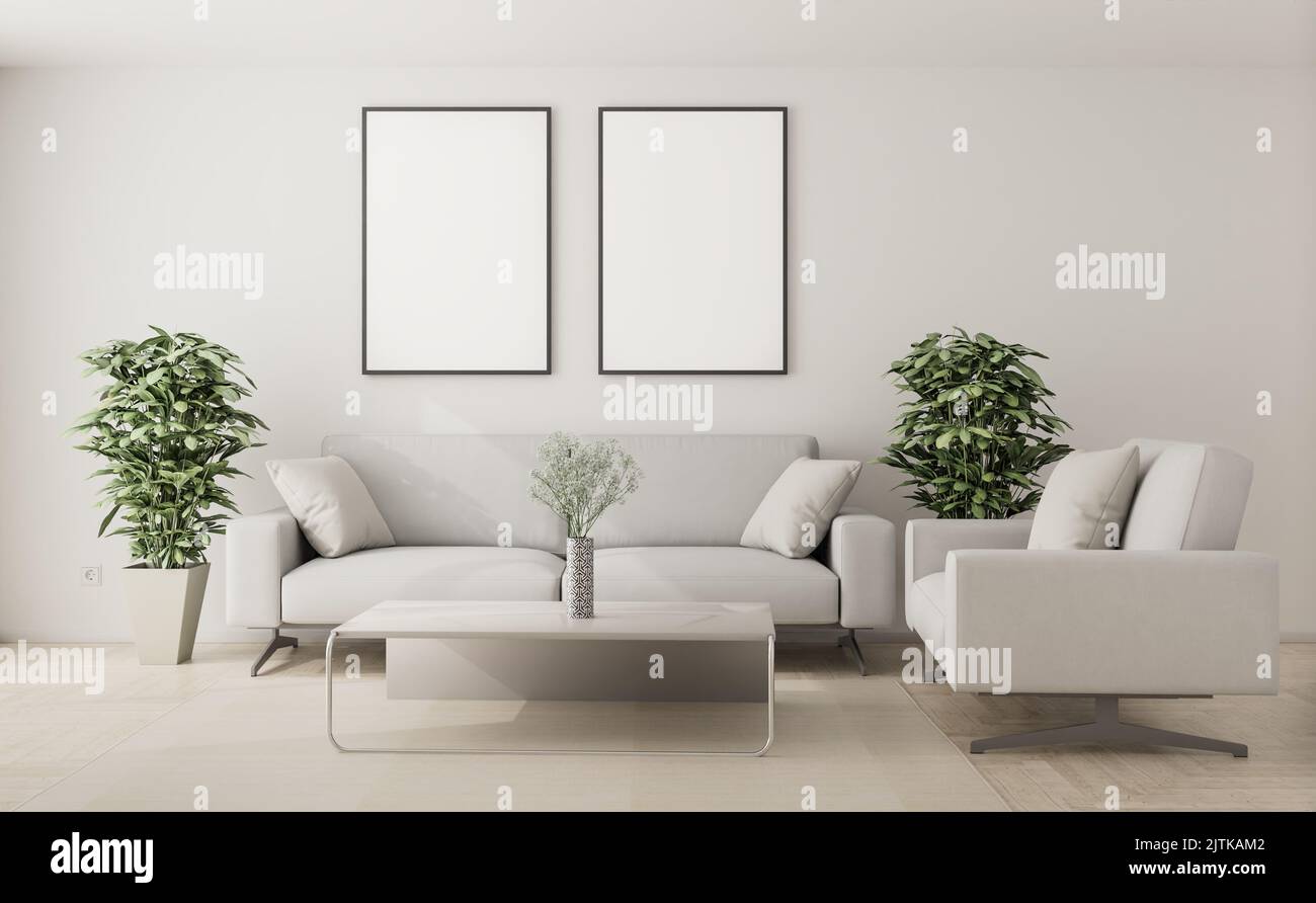 Interior mockup - Living room with sofa, armchair, plants, coffee table,carpet and two empty picture frames Stock Photo