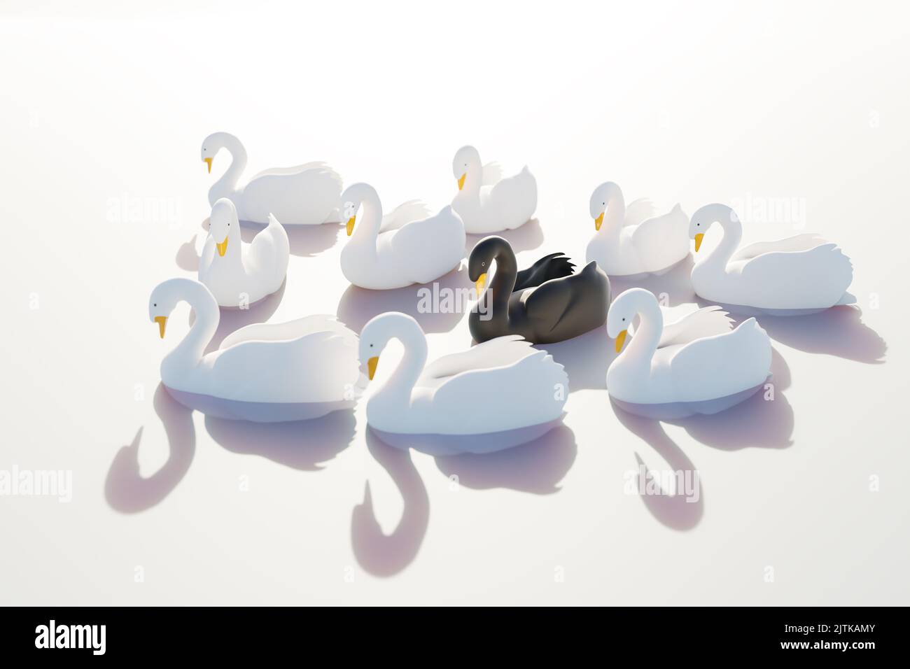3d render: Black swan event - term for a very seldom event with a major effect often resulting in a stock market crash. One black swan within a swarm Stock Photo