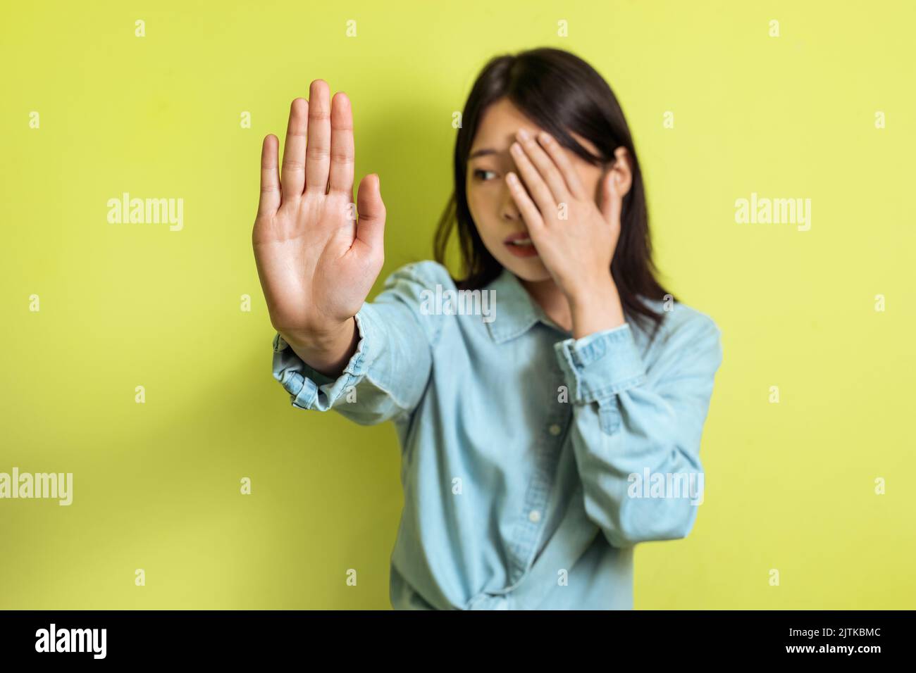 Stop Face Korean Woman Gesturing Stop And Covering Face Over Yellow Background ...