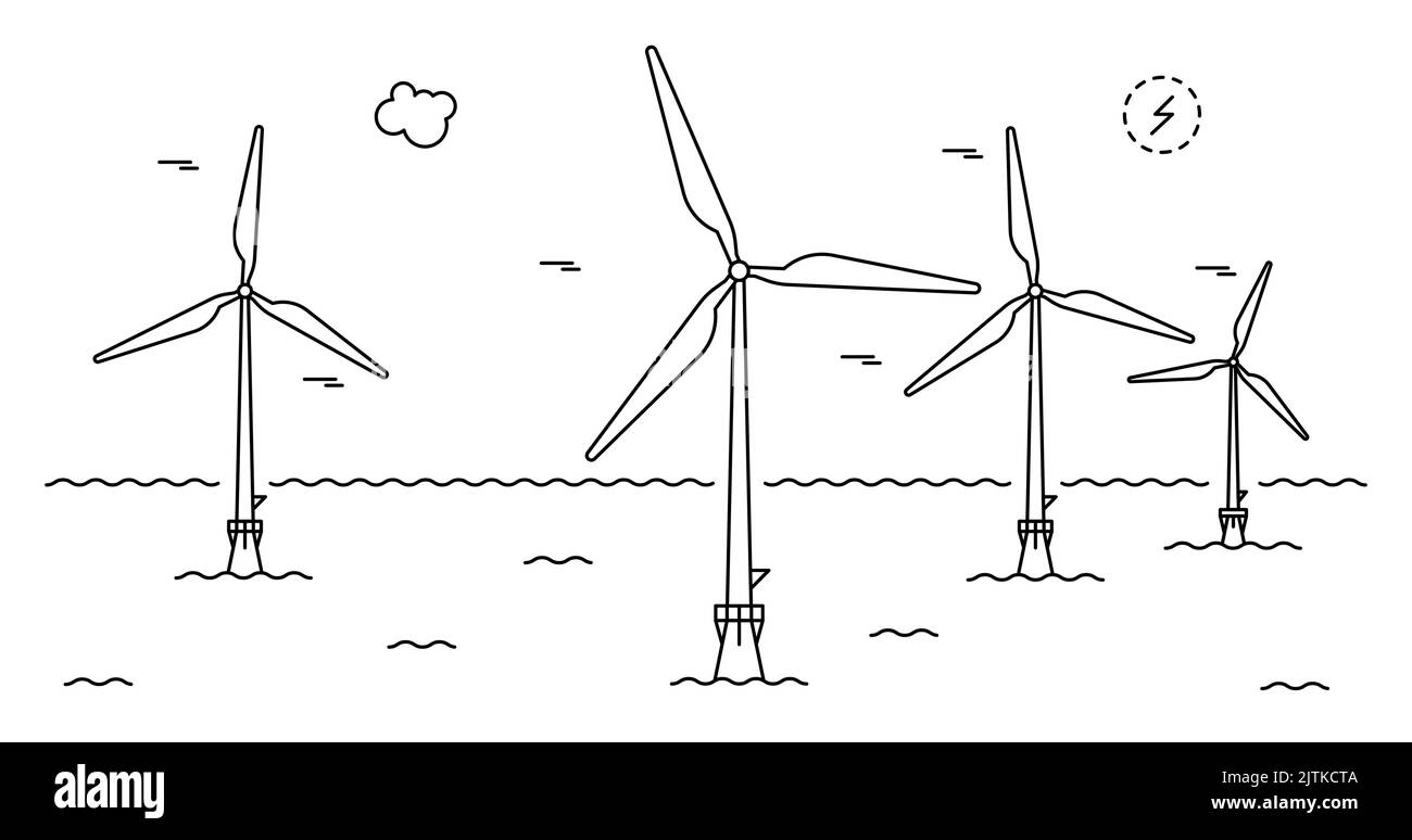 Wind turbine farm. Line art style. Green amd smart energy. Stock Vector