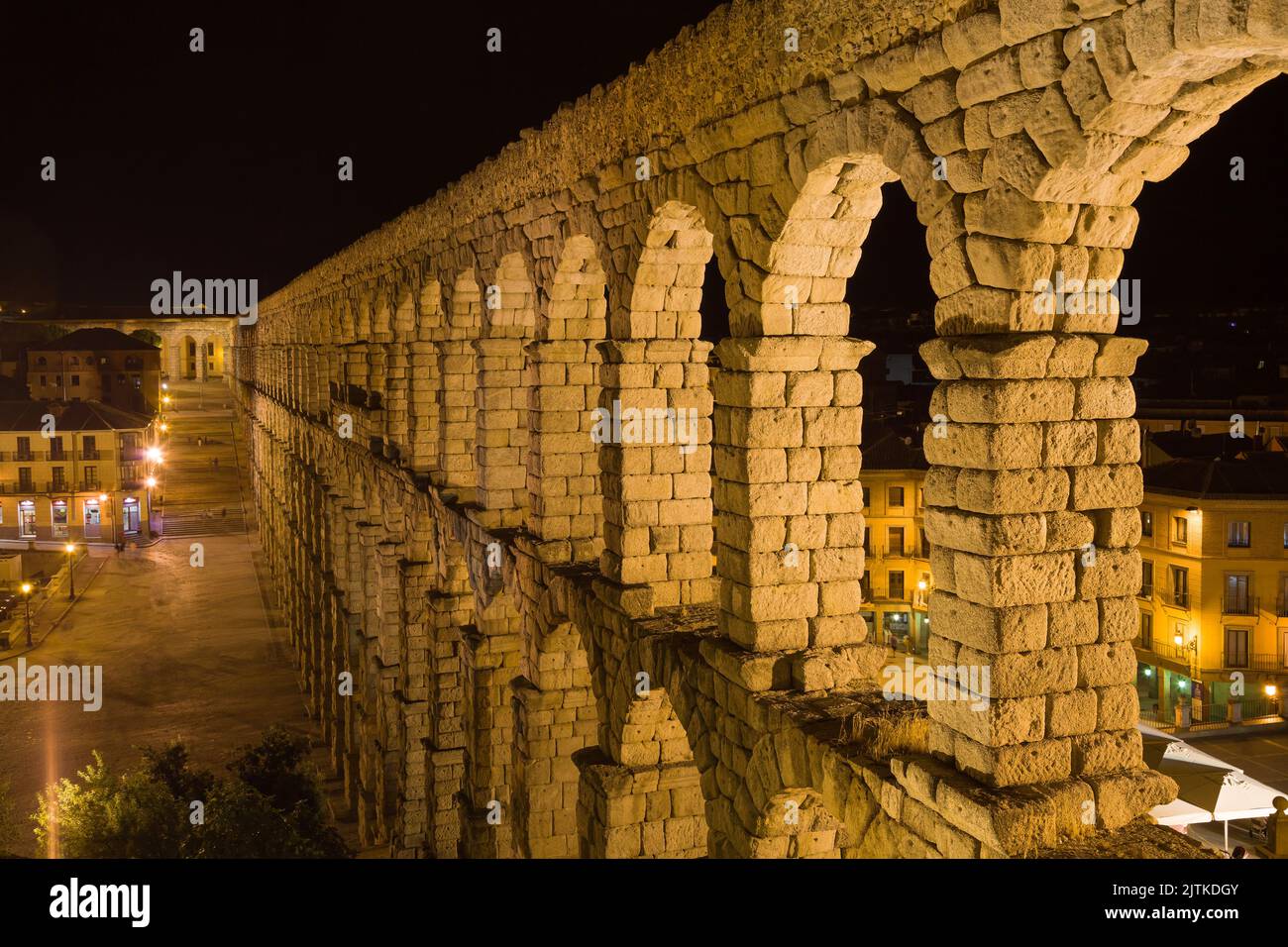 Aqueduct of Segovia from the Aqueduct Lookout at night, Segovia, Spain. Stock Photo