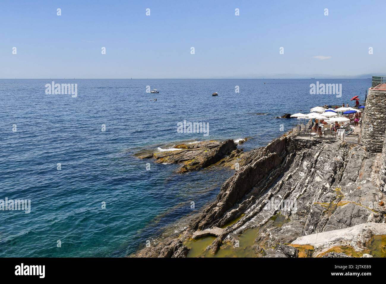 A bathing establishment on the cliff of the Anita Garibaldi Promenade in summer, Nervi, Genoa, Liguria, Italy Stock Photo