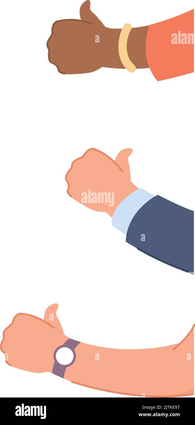 Thumbs up hands. Different people approval gesture isolated on white background Stock Vector