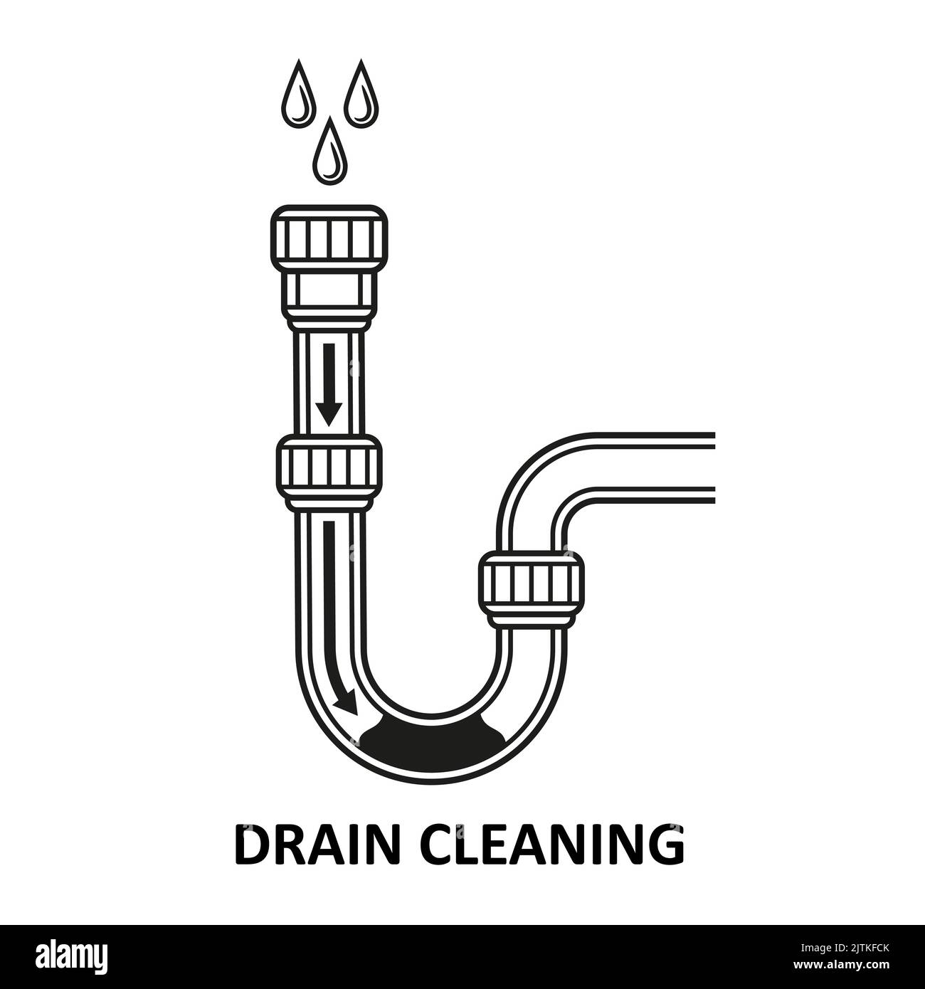 Drain cleaning, sink siphon pipe clog line icon. Chemical cleaner for water sewage piping. Unclog dirty toilet sewer. Remove dirt in sewerage. Vector Stock Vector