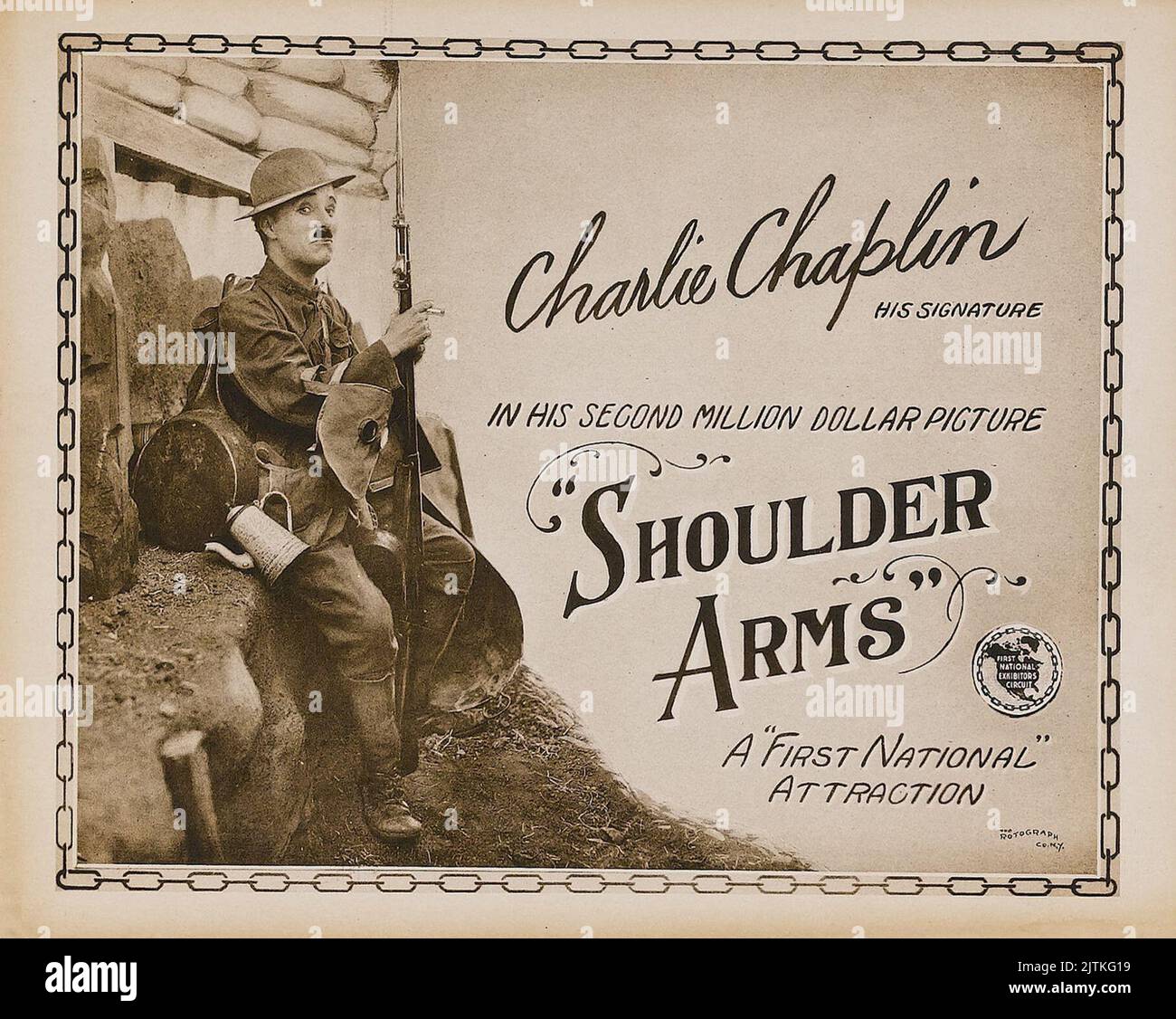 Shoulder Arms (First National, 1918). Title Lobby Card. Comedy. Starring Charles Chaplin Stock Photo