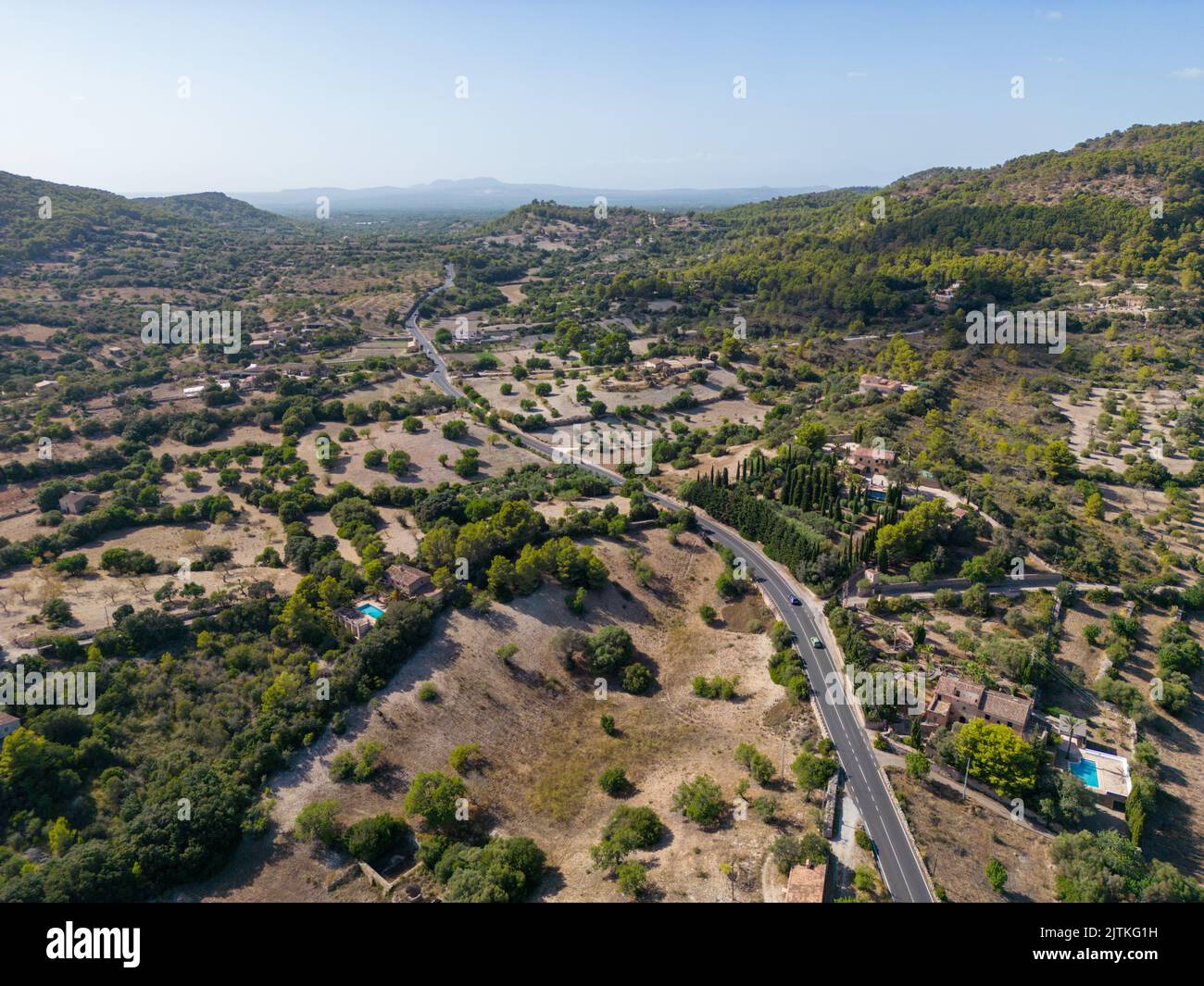 Drone, aerial view of the road and hills of south west Majorca, Mallorca on a beautiful sunny afternoon in September Stock Photo