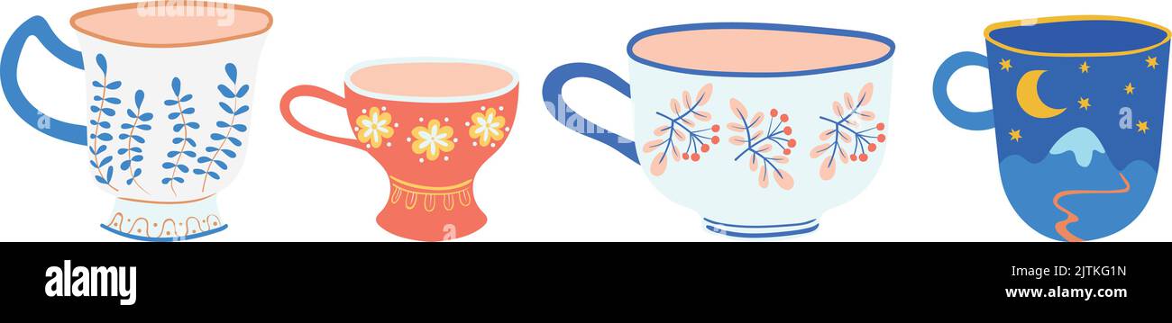 Ceramic cups. Hand drawn tea mug set isolated on white background Stock Vector