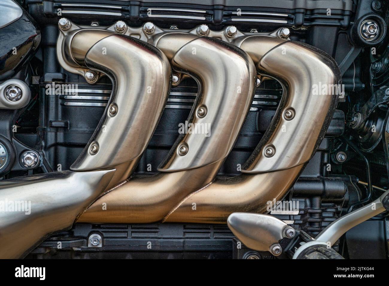 detail of triple engine heavy roadster motorcycle Stock Photo Alamy