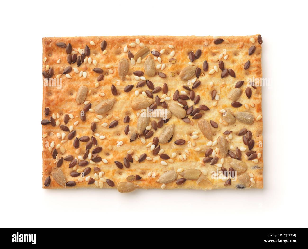 Top view of single wholegrain crispbread with various seeds isolated on white Stock Photo
