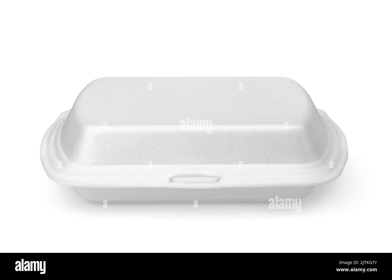 Front view of closed styrofoam disposable take out food container isolated on white Stock Photo